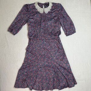 VTG Jenny Floral Dress Lace Collar 80s 90s Made in USA Midi Cottagecore Modest M